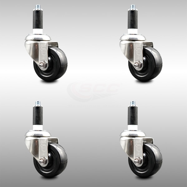 3 Inch 316SS Hard Rubber Wheel Swivel 1-1/8 Inch Expanding Stem Caster Set SCC